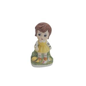 Vintage Ceramic Little Girl w/Brown Hair & Turtle Figurine Korea Hand Painted 4"